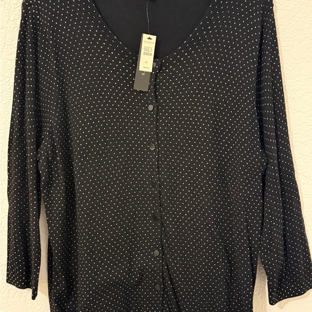 New Talbots Black Light Sweeter Cardigan Polka Dots Long Sleeves Size XL